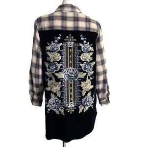 Paparazzi Top Large Boho Floral Embroidered Button Up Velvet Velour Plaid Shirt